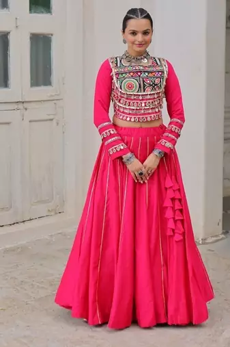 Pink Navaratri Special Gota Patti Work Lehenga with Gamthi Mirror Patch & Cowrie Lace work Choli