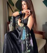 Black natural crepe anarkali suit set with printed tabby silkblend dupatta