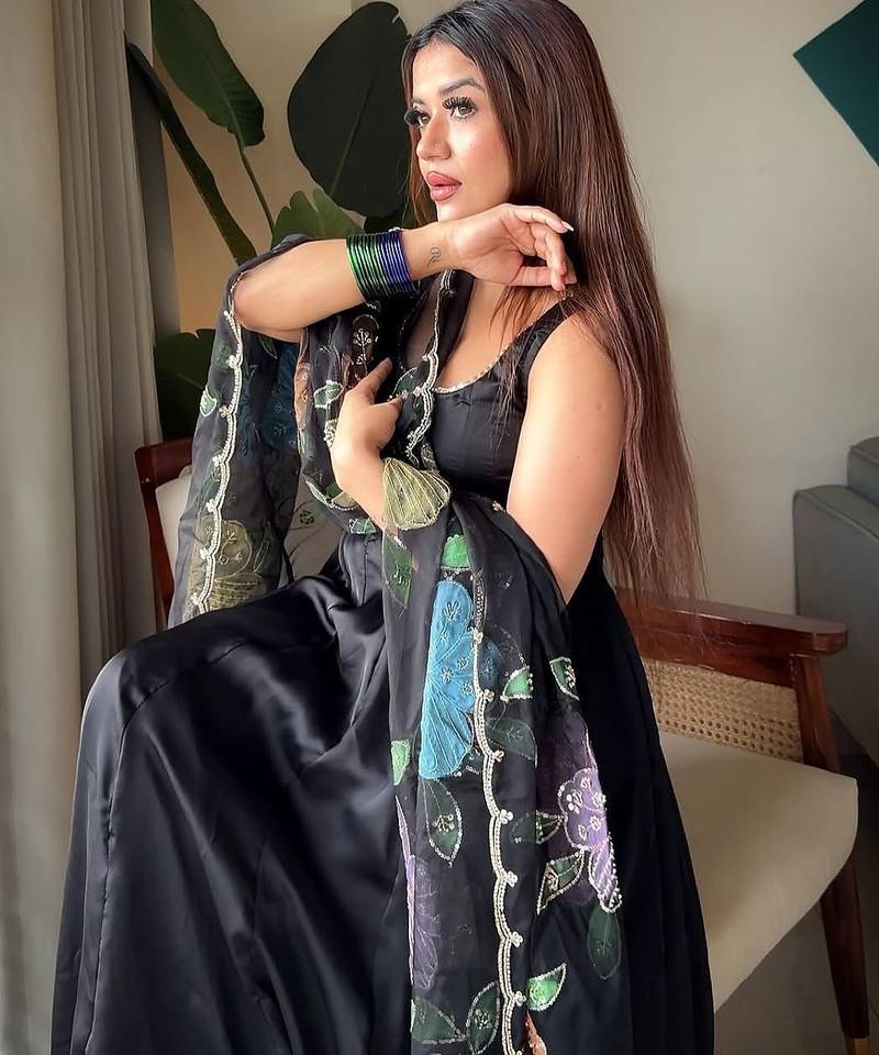 Black natural crepe anarkali suit set with printed tabby silkblend dupatta