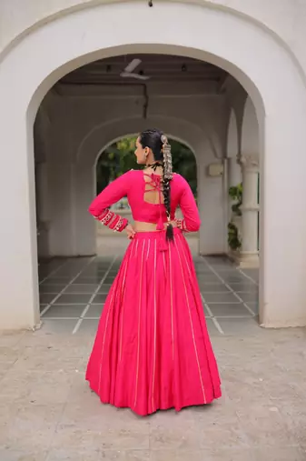 Pink Navaratri Special Gota Patti Work Lehenga with Gamthi Mirror Patch & Cowrie Lace work Choli
