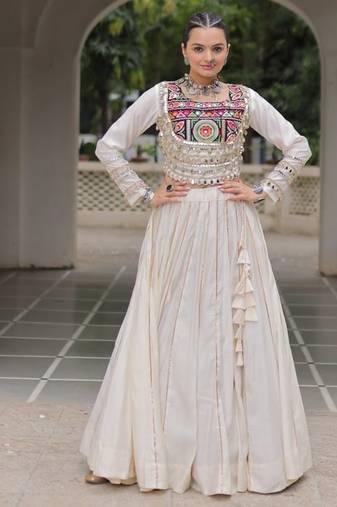 Off White Navaratri Special Gota Patti Work Lehenga with Gamthi Mirror Patch & Cowrie Lace work Choli