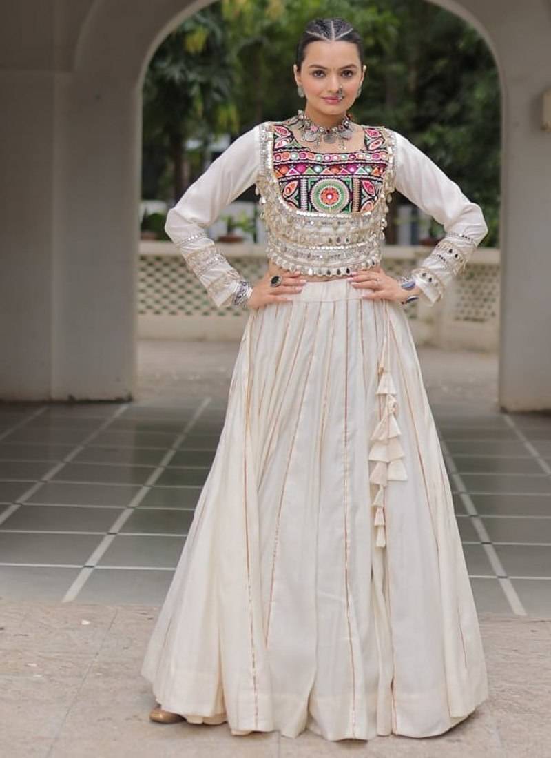 Off White Navaratri Special Gota Patti Work Lehenga with Gamthi Mirror Patch & Cowrie Lace work Choli