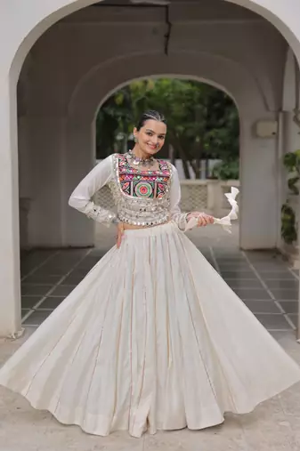 Off White Navaratri Special Gota Patti Work Lehenga with Gamthi Mirror Patch & Cowrie Lace work Choli