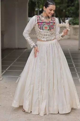 Off White Navaratri Special Gota Patti Work Lehenga with Gamthi Mirror Patch & Cowrie Lace work Choli
