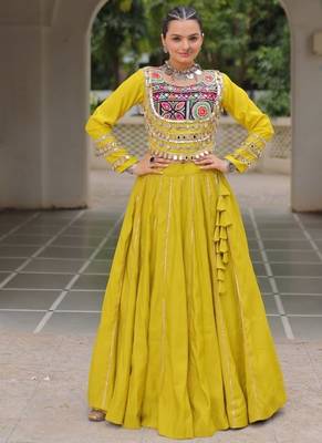 Parrot Green Navaratri Special Gota Patti Work Lehenga with Gamthi Mirror Patch & Cowrie Lace work Choli 1