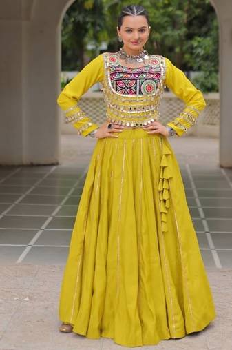 Parrot Green Navaratri Special Gota Patti Work Lehenga with Gamthi Mirror Patch & Cowrie Lace work Choli