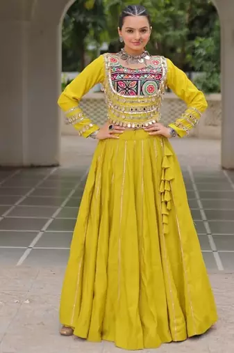 Parrot Green Navaratri Special Gota Patti Work Lehenga with Gamthi Mirror Patch & Cowrie Lace work Choli