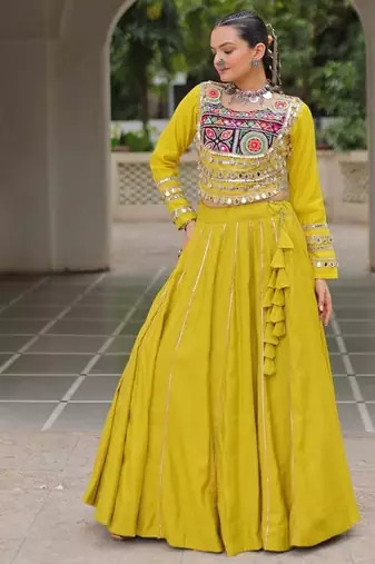 Parrot Green Navaratri Special Gota Patti Work Lehenga with Gamthi Mirror Patch & Cowrie Lace work Choli