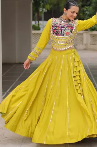 Parrot Green Navaratri Special Gota Patti Work Lehenga with Gamthi Mirror Patch & Cowrie Lace work Choli