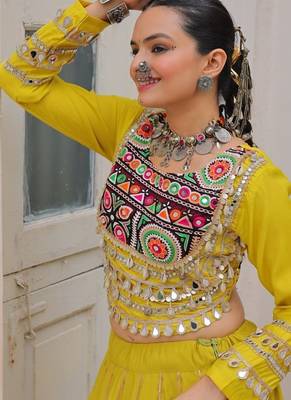Parrot Green Navaratri Special Gota Patti Work Lehenga with Gamthi Mirror Patch & Cowrie Lace work Choli 4