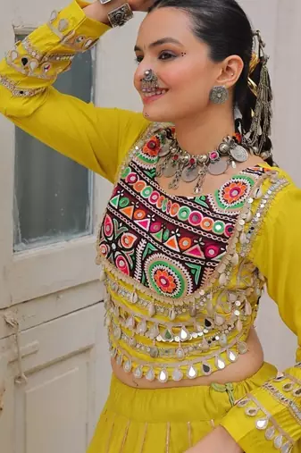 Parrot Green Navaratri Special Gota Patti Work Lehenga with Gamthi Mirror Patch & Cowrie Lace work Choli