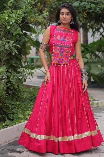 Pink Navaratri Special Gota Patti Work Lehenga with Gamthi Mirror Patch & Cowrie Lace work Choli
