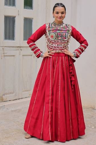 Maroon Navaratri Special Gota Patti Work Lehenga with Gamthi Mirror Patch & Cowrie Lace work Choli