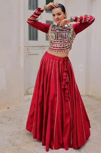 Maroon Navaratri Special Gota Patti Work Lehenga with Gamthi Mirror Patch & Cowrie Lace work Choli