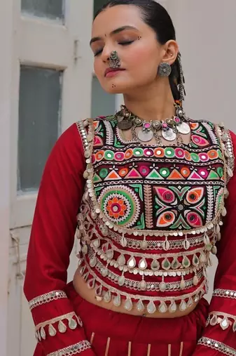 Maroon Navaratri Special Gota Patti Work Lehenga with Gamthi Mirror Patch & Cowrie Lace work Choli