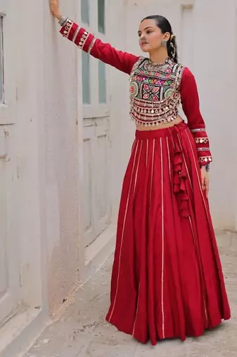 Maroon Navaratri Special Gota Patti Work Lehenga with Gamthi Mirror Patch & Cowrie Lace work Choli