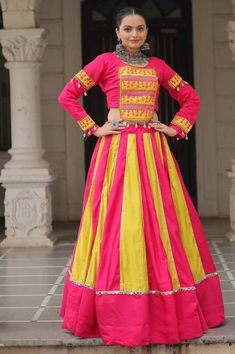 Pink Navaratri Special Mirror Lace Work Lehenga with Gamthi & Cowrie Lace work Choli