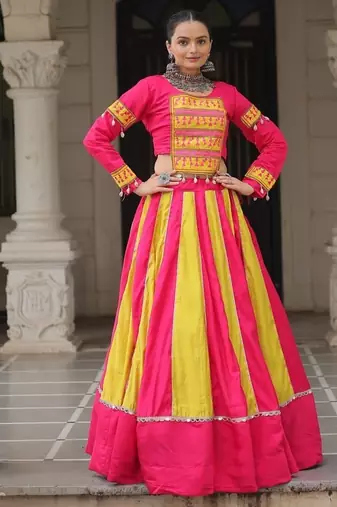 Pink Navaratri Special Mirror Lace Work Lehenga with Gamthi & Cowrie Lace work Choli