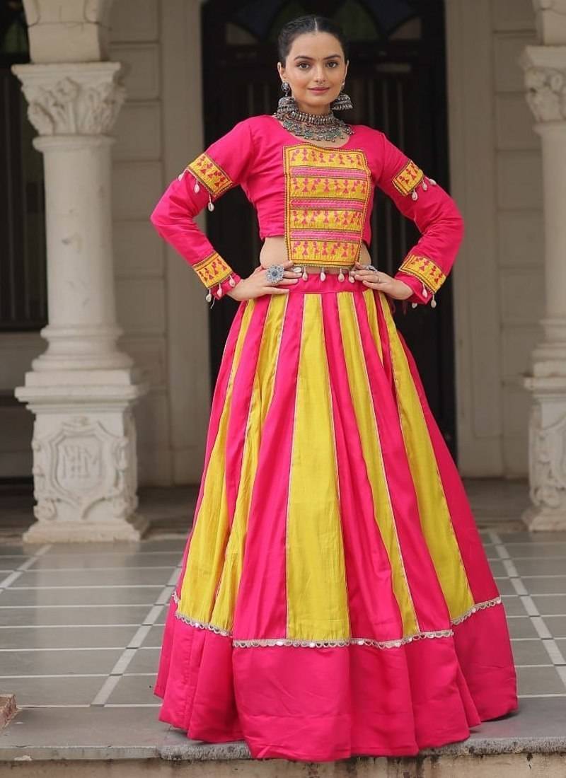 Pink Navaratri Special Mirror Lace Work Lehenga with Gamthi & Cowrie Lace work Choli