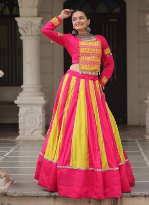 Pink Navaratri Special Mirror Lace Work Lehenga with Gamthi & Cowrie Lace work Choli 2
