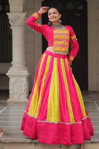 Pink Navaratri Special Mirror Lace Work Lehenga with Gamthi & Cowrie Lace work Choli
