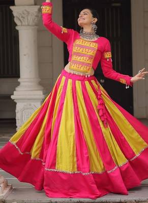 Pink Navaratri Special Mirror Lace Work Lehenga with Gamthi & Cowrie Lace work Choli 3
