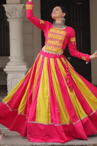 Pink Navaratri Special Mirror Lace Work Lehenga with Gamthi & Cowrie Lace work Choli