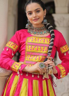Pink Navaratri Special Mirror Lace Work Lehenga with Gamthi & Cowrie Lace work Choli 5