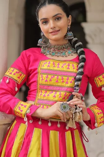 Pink Navaratri Special Mirror Lace Work Lehenga with Gamthi & Cowrie Lace work Choli
