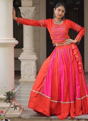 Orange Navaratri Special Mirror Lace Work Lehenga with Gamthi & Cowrie Lace work Choli 1
