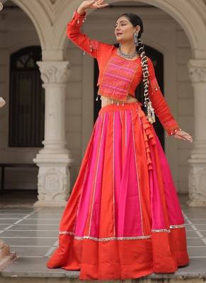 Orange Navaratri Special Mirror Lace Work Lehenga with Gamthi & Cowrie Lace work Choli 2