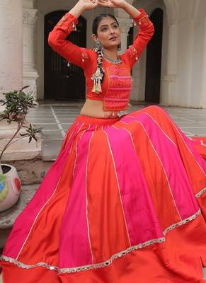 Orange Navaratri Special Mirror Lace Work Lehenga with Gamthi & Cowrie Lace work Choli 3