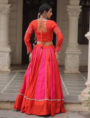Orange Navaratri Special Mirror Lace Work Lehenga with Gamthi & Cowrie Lace work Choli 4