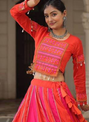 Orange Navaratri Special Mirror Lace Work Lehenga with Gamthi & Cowrie Lace work Choli 5