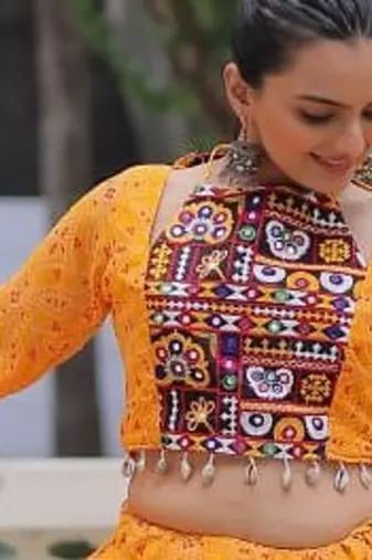 Yellow Navaratri Special Faux Georgette Bandhej Print with Gotta Patti Lace Work Lehenga Choli