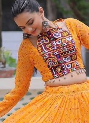 Yellow Navaratri Special Faux Georgette Bandhej Print with Gotta Patti Lace Work Lehenga Choli 3