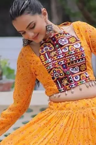 Yellow Navaratri Special Faux Georgette Bandhej Print with Gotta Patti Lace Work Lehenga Choli