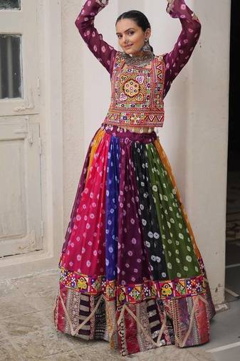 Multicolor Navaratri Special Gamathi Embellished Work Lehenga with Kutchi Work Choli