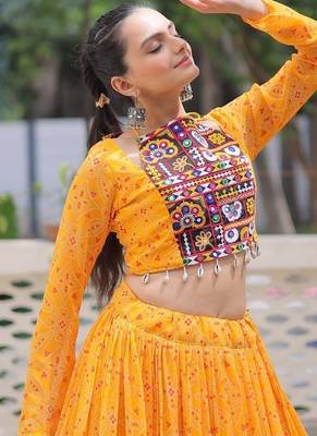 Yellow Navaratri Special Faux Georgette Bandhej Print with Gotta Patti Lace Work Lehenga Choli 5