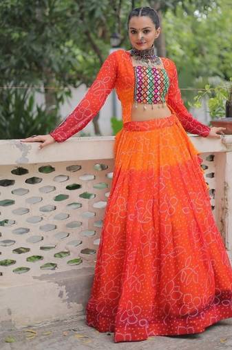 Orange Navaratri Special Leheriya Print with Gota-Patti Lace Work Lehenga Choli