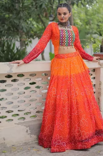 Orange Navaratri Special Leheriya Print with Gota-Patti Lace Work Lehenga Choli
