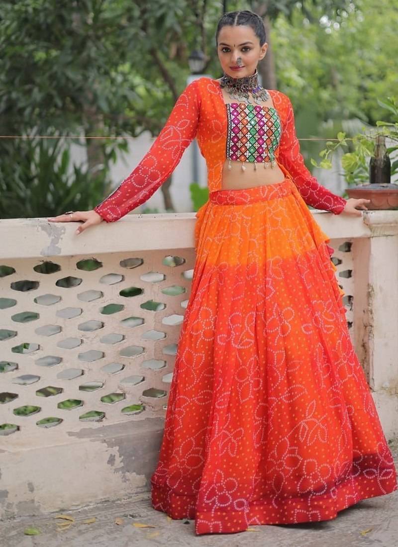 Orange Navaratri Special Leheriya Print with Gota-Patti Lace Work Lehenga Choli