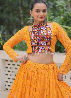 Yellow Navaratri Special Faux Georgette Bandhej Print with Gotta Patti Lace Work Lehenga Choli 6