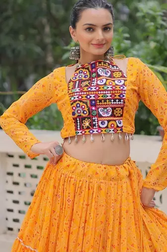 Yellow Navaratri Special Faux Georgette Bandhej Print with Gotta Patti Lace Work Lehenga Choli