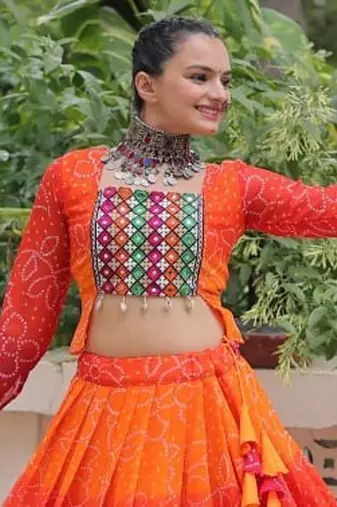 Orange Navaratri Special Leheriya Print with Gota-Patti Lace Work Lehenga Choli