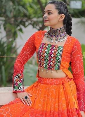 Orange Navaratri Special Leheriya Print with Gota-Patti Lace Work Lehenga Choli 3
