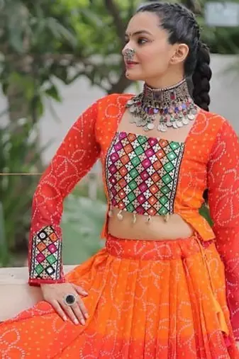 Orange Navaratri Special Leheriya Print with Gota-Patti Lace Work Lehenga Choli