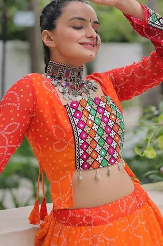 Orange Navaratri Special Leheriya Print with Gota-Patti Lace Work Lehenga Choli