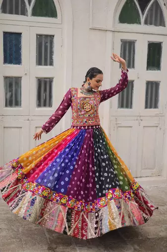 Multicolor Navaratri Special Gamathi Embellished Work Lehenga with Kutchi Work Choli