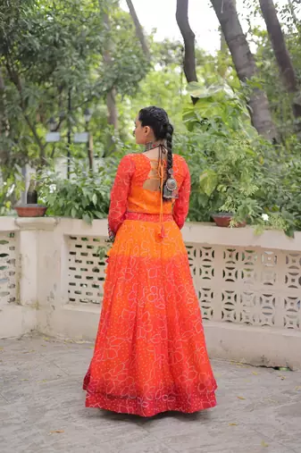 Orange Navaratri Special Leheriya Print with Gota-Patti Lace Work Lehenga Choli